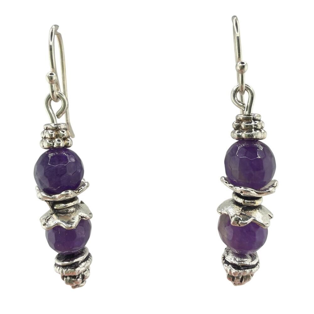 New Handcrafted Artisan Stacked Amethyst and Silver Detail Dangle Earrings